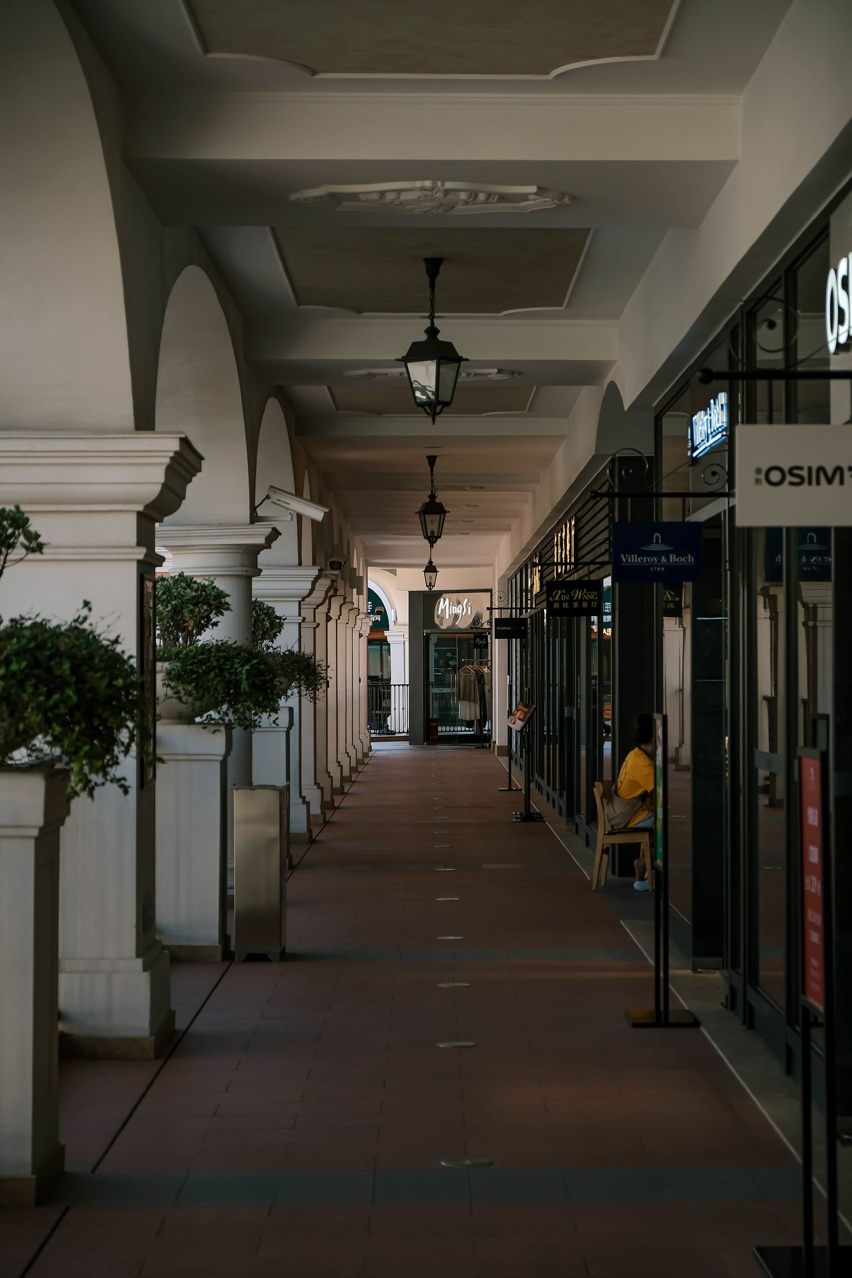 Beautiful indoor shopping arcade with classical arches and ambient lighting.
